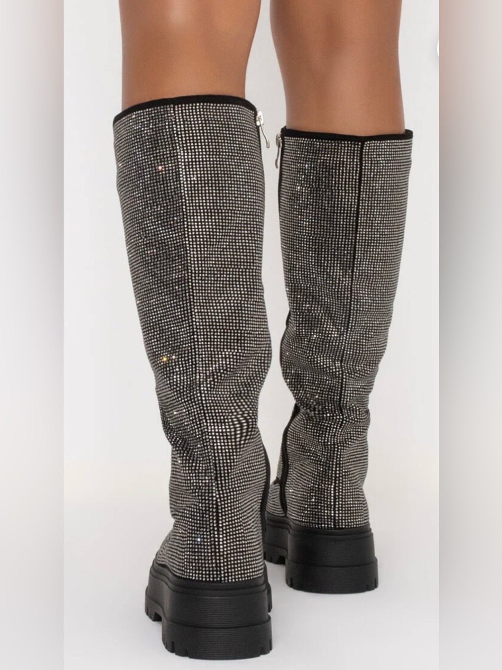 Torrid Betsey Johnson Knee High Embellished Silver Rhinestones Lace-Up Boots - Picture 4 of 16